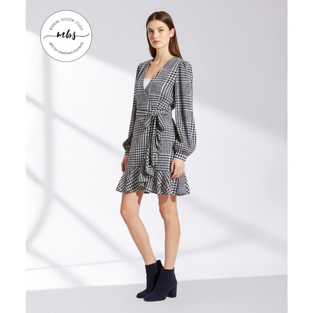 NWT Leyden Crepe Houndstooth V Neck Lined Wrap Mini Dress Blue White Women L